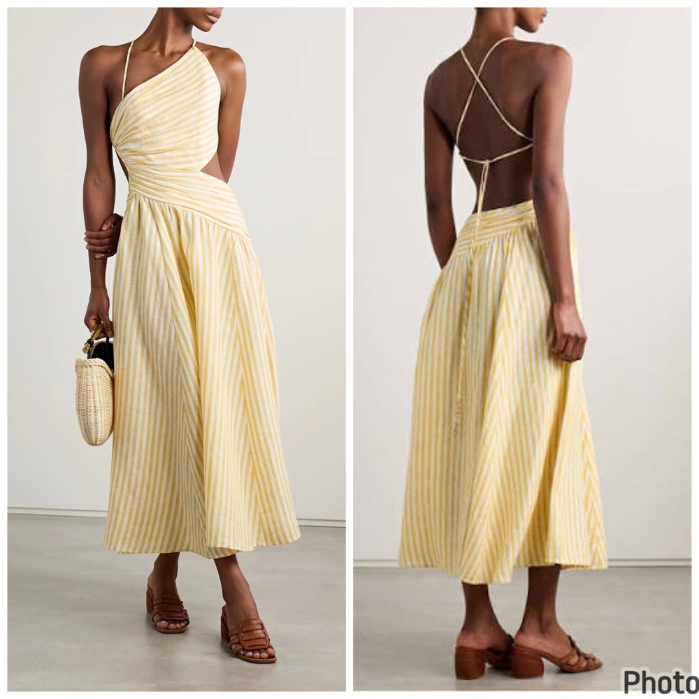 NWT Zimmermann Cascadian‎ Cutout Ruched Striped Linen Midi Dress Size 10 US